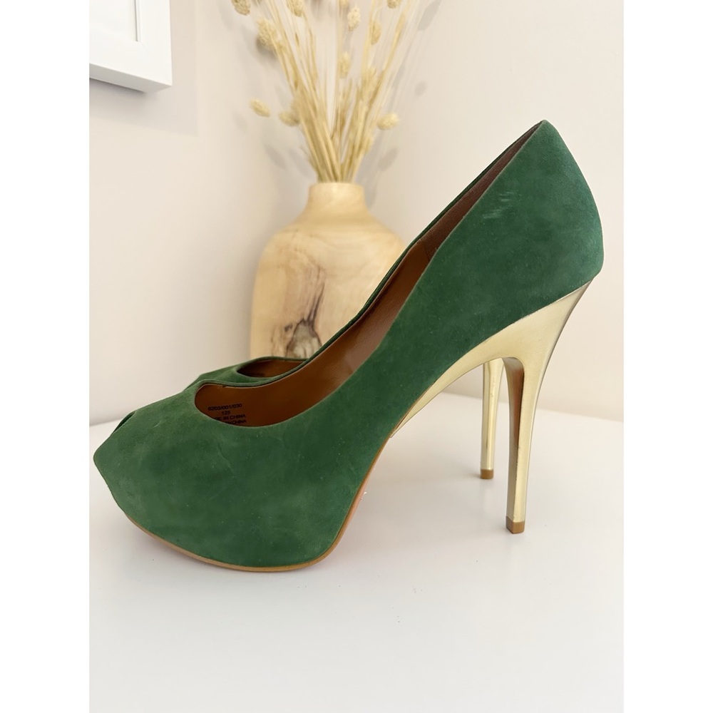 ZARA ~ Green Suede Gold Stiletto Peep Toe Pumps